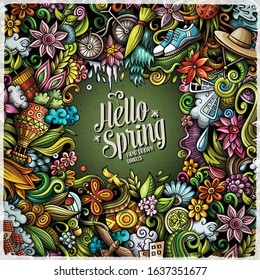 Spring hand drawn vector doodles illustration. Nature frame design. Seasonal elements and objects cartoon background. Bright colors funny picture