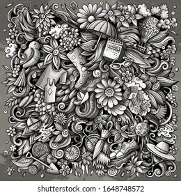 Spring hand drawn vector doodles illustration. Nature poster design. Seasonal elements and objects cartoon background. Monochrome funny picture