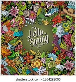 Spring hand drawn vector doodles illustration. Nature frame design. Seasonal elements and objects cartoon background. Bright colors funny picture