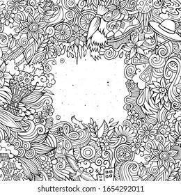 Spring hand drawn vector doodles illustration. Nature frame design. Seasonal elements and objects cartoon background. Line art funny picture