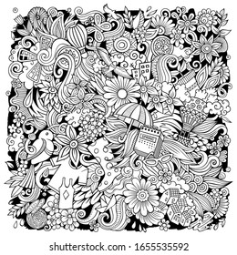 Spring hand drawn vector doodles illustration. Nature poster design. Seasonal elements and objects cartoon background. Line art funny picture