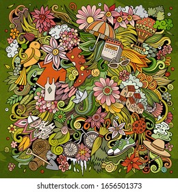 Die Vektorillustration der Frühling ist eine Illustration. Naturplakatdesign. Saisonale Elemente und Objekte Cartoon Hintergrund. Helle Farben - lustiges Bild
