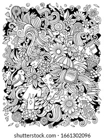 Die Vektorillustration der Frühling ist eine Illustration. Naturplakatdesign. Saisonale Elemente und Objekte Cartoon Hintergrund. Leinenkunst