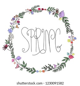 Spring hand drawn vector illustration.Lettering spring design with leaves and flowers decoration for greeting card, invitation, banner, cover, poster,card,wallpaper,ad,promotion, article.