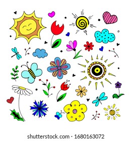 Spring hand drawn vector set. Colored cartoon set of objects and symbols on the spring nature theme. Collection of simple elements, isolated on white. 