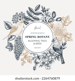 Spring hand drawn wreath template. Floral frame designs with birds, flowers, leaves and blooming tree branches. Vintage almond, willow, rowan, willow, lilac, cherry blossom sketches for prints