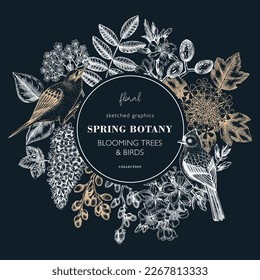 Spring hand drawn wreath template on chalkboard. Floral frame designs with birds, flowers, leaves and blooming tree branches. Almond, willow, rowan, willow, lilac, cherry blossom sketches for prints