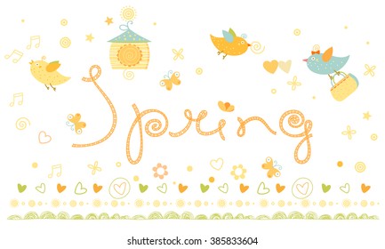 SPRING hand lettered calligraphy sign. Meadow flowers, green grass, butterflies, flying singing birds, bird house, sun, stars, hearts icons. Lovely vector illustration. Ribbons borders decorative set.
