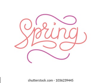 Spring hand lettered logotype, typography script. Lettering spring season for greetings, invitation banner. Vector calligraphy with hand made lettering isolated on white background. Pink and fresh.