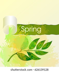  spring. Hand lettered style spring design on watercolor background. Card for spring season  Promotion offer with spring plants, leaves decoration.