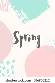 Spring - hand lettered text in gray on abstract brush strokes background in pastel colors.