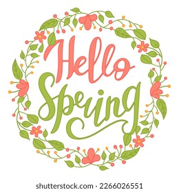 Spring - hand lettering design on a white background in a floral frame.