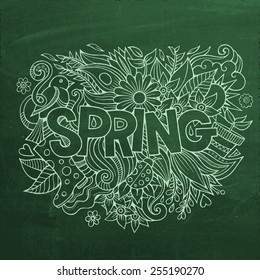 Spring hand lettering and doodles elements. chalk board illustration