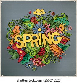 Spring hand lettering and doodles elements. Vector illustration
