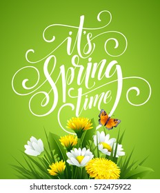 Spring Hand Lettering on background with flowers. Vector illustration EPS10