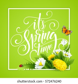 Spring Hand Lettering on background with flowers. Vector illustration EPS10