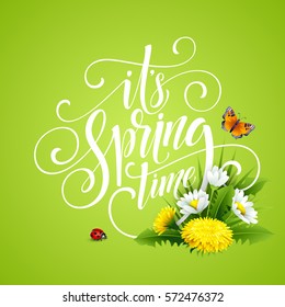 Spring Hand Lettering on background with flowers. Vector illustration EPS10