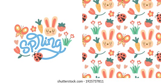 Spring hand lettering quote with decorative and seamless pattern