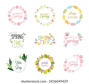 Spring Hand Lettering Set Hello Spring with Flowers. Collection of Spring Posters, Stickers, Banners, Labels, Sale Advertisements. Bright flowers, Wreaths, Patterns. Hand lettering