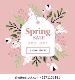 Spring hand logotype, badge typography icon. Lettering spring season with leaf for greeting card, invitation template. Modern lettering template background, Sale, offer