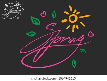 Spring hand sketched logotype, badge typography icon. Lettering with leaf, sun and hearts for greeting card, invitation template. Retro, vintage lettering banner poster template background