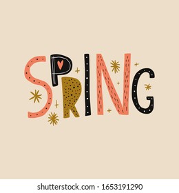 Spring hand written collage lettering word. Hand drawn typography banner, spring season concept, illustration in scandinavian style for greeting cards, invitations, banners and more. Vector EPS clip