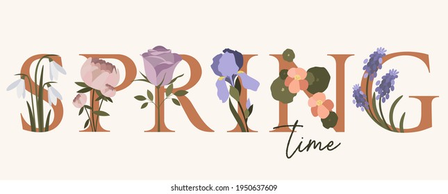 Spring hand written lettering word in pastel colors.Hand drawn typography banner with flowers grape hyacinth, iris, nasturtium, rose, snowdrop, peoney for greeting cards,invitations, and banners