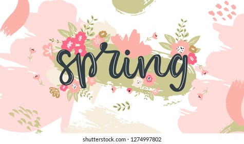 Spring hand written lettering word.Hand drawn typography banner and spring season illustration with flowers and branches for greeting cards,invitations, ad banners, with brush strokes on background