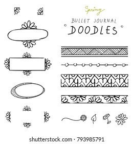 Spring hand-drawn doodles for your bullet journal, notebook, diary or anything else, isolated on white background. Seamless dividers.