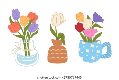 Flores dibujadas a mano de la primavera en el sistema claro del florero y del pote, ilustración gráfica del Vector del tulipán aislado.
