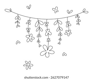 Spring hand-drawn linear vector garland of leaves, petals on a thread. For postcards, coloring books.