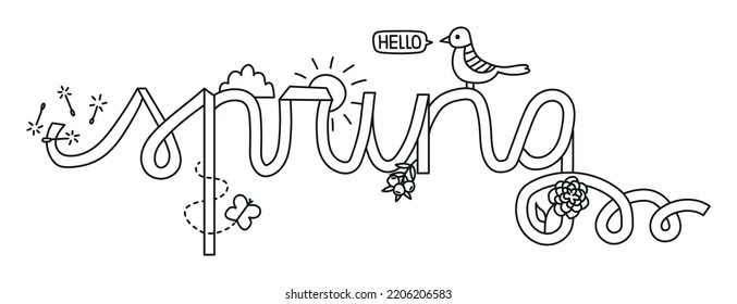 Spring handmade letters with bird and flowers vector illustration