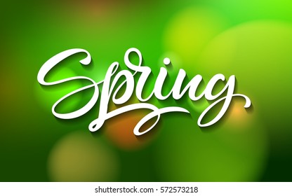 Spring handwritten calligraphy vector illustration, White brush pen lettering phrase Spring on a green background