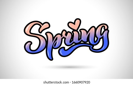 Spring Handwritten lettering isolated on white. Pink and blue gradient. Vector illustration for poster, card, calendar, spring logo, bullet journal. Concept spring advertising. EPS 10