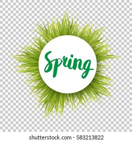 Spring handwritten phrase on white round banner with fresh green grass around it isolated on transparent background. Vector.