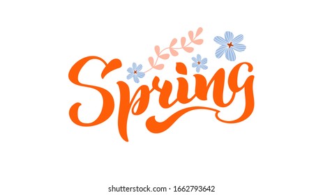 Spring Handwritten red lettering isolated on white. Vector illustration with flat flowers for poster, card, calendar, spring logo, bullet journal. Concept spring advertising. EPS 10
