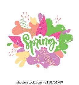 Texto manuscrito primaveral sobre fondo colorido abstracto con hojas, estrellas. Diseño de escritura de escritura a la moda. Caligrafía moderna de pincel. Ilustración vectorial para logotipo, icono, tarjeta, invitación, volante