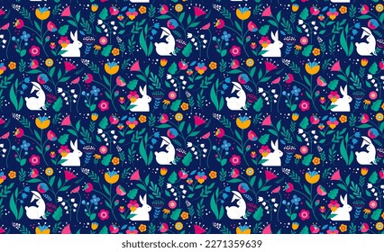 Spring, Happy Easter patterned background, decorated modern style card, banner. Patterned eggs with bunnies, flowers and basket. Colorful minimalist design