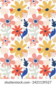 Spring, Happy Easter patterned background, decorated modern style card, banner. Patterned eggs with bunnies, flowers and basket. Colorful minimalist design