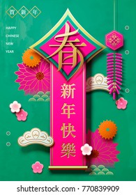 Frühling und Happy neues Jahr in chinesischem Wort auf Couplet mit floralen Elementen, Fuchsia und türkisfarbenem Ton