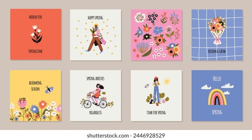 Spring happy people. Positive mood, blooming nature, beautiful women with flowers, warm season cards, cute girl on bike, square posters, social media post, cartoon flat isolated tidy vector set