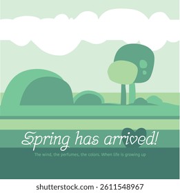 Spring has arrived! Book cover, green landscape, vector design. Banner