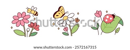 Spring has come to nature, and bees, butterflies, and ladybugs have come to visit flowers and plants.