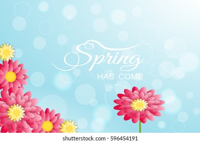 Spring has come vector illustration on the gradient light blue background with red and yellow  flowers.