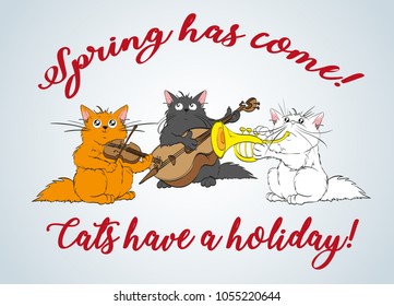 Spring has come. Vector set of cute spring cats. Orchestra of charming kittens. Guitarist, trumpeter, conductor. Illustration in sketch style. Three kittens. Funny cartoon characters.