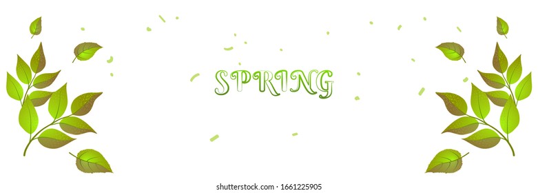 Spring header green brunches and text for web backdrop. Summer color banner, Nature cover background. Fresh Horizontal poster template. Eco design vector isolated illustration. Springtime concept.