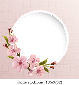 Spring header with pink cherry flowers, buds and copy space. Vector illustration