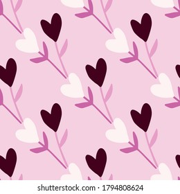 Spring heart branches seamless pattern. Light lilac background and white and dark botanic ornament. Simple backdrop. Perfect for wallpaper, wrapping paper, textile print, fabric. Vector illustration.
