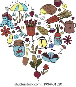 Spring heart of elements in doodle style. Spring items, animals and flowers: umbrella, paper boat, bucket of tulips, tit, chicken, hedgehog, flowers, vegetables, rubber boots. Vector illustration