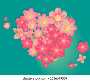 spring heart made of paper flowers on a turquoise background